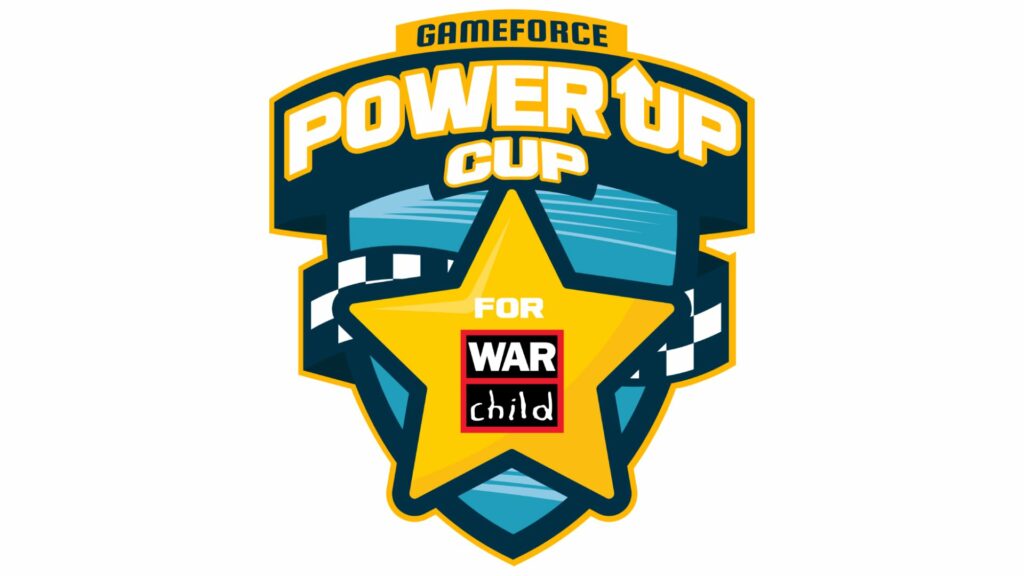 Es ist das PowerUp Cup Logo zusehen, welches wie ein Wappen aussieht und in der Mitte ein großen Stern hat. Dort ist das War Child Logo zu sehen.