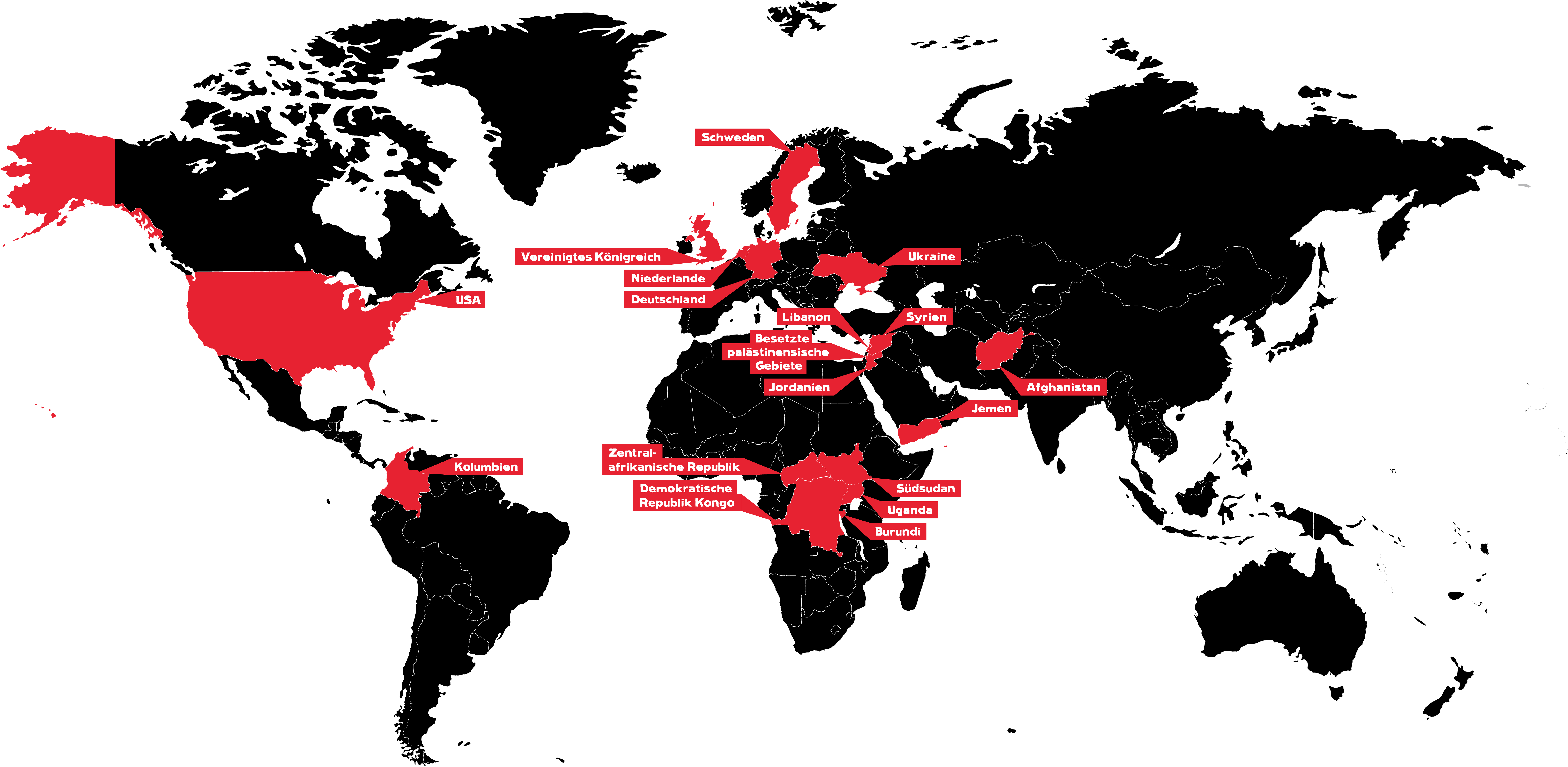 Schwarze Weltkarte auf weißem Grund. Die Länder, in denen War Child Projekte hat oder unterstützt, sind rot eingefärbt und entsprechend beschriftet.