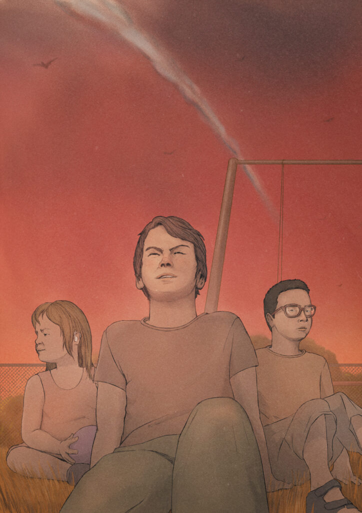 Drei Kinder sitzen in einem düsteren Spielplatz