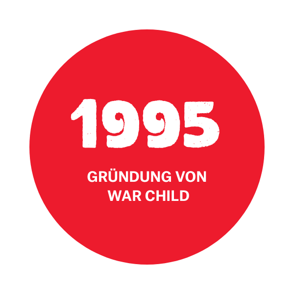 Rotes Icon mit der Beschriftung: 1995 - Gründung von War Child.