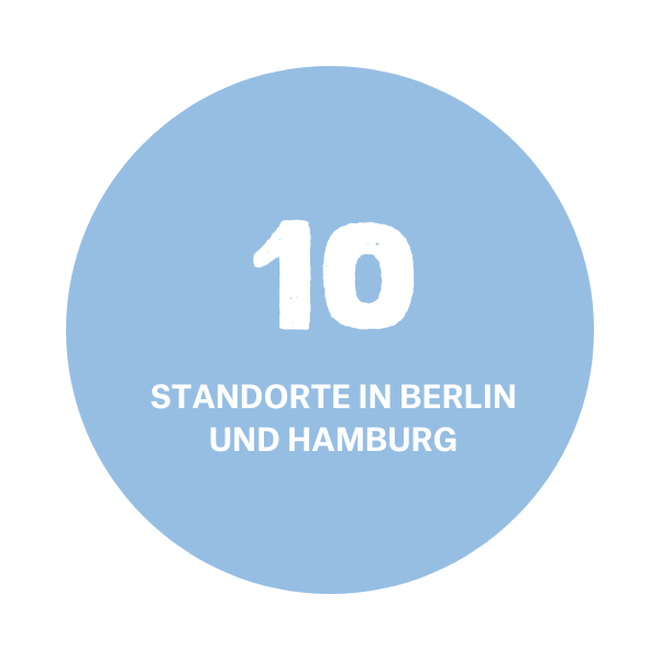 Hellblaues Icon mit der Aufschrift: 10 Standorte in Berlin und Hamburg