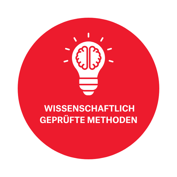 In einem Roten Icon ist ein Motiv eines Gehirns in einer Glühbirne. Darunter die Aufschrift: Wissenschaftlich geprüfte Methoden.
